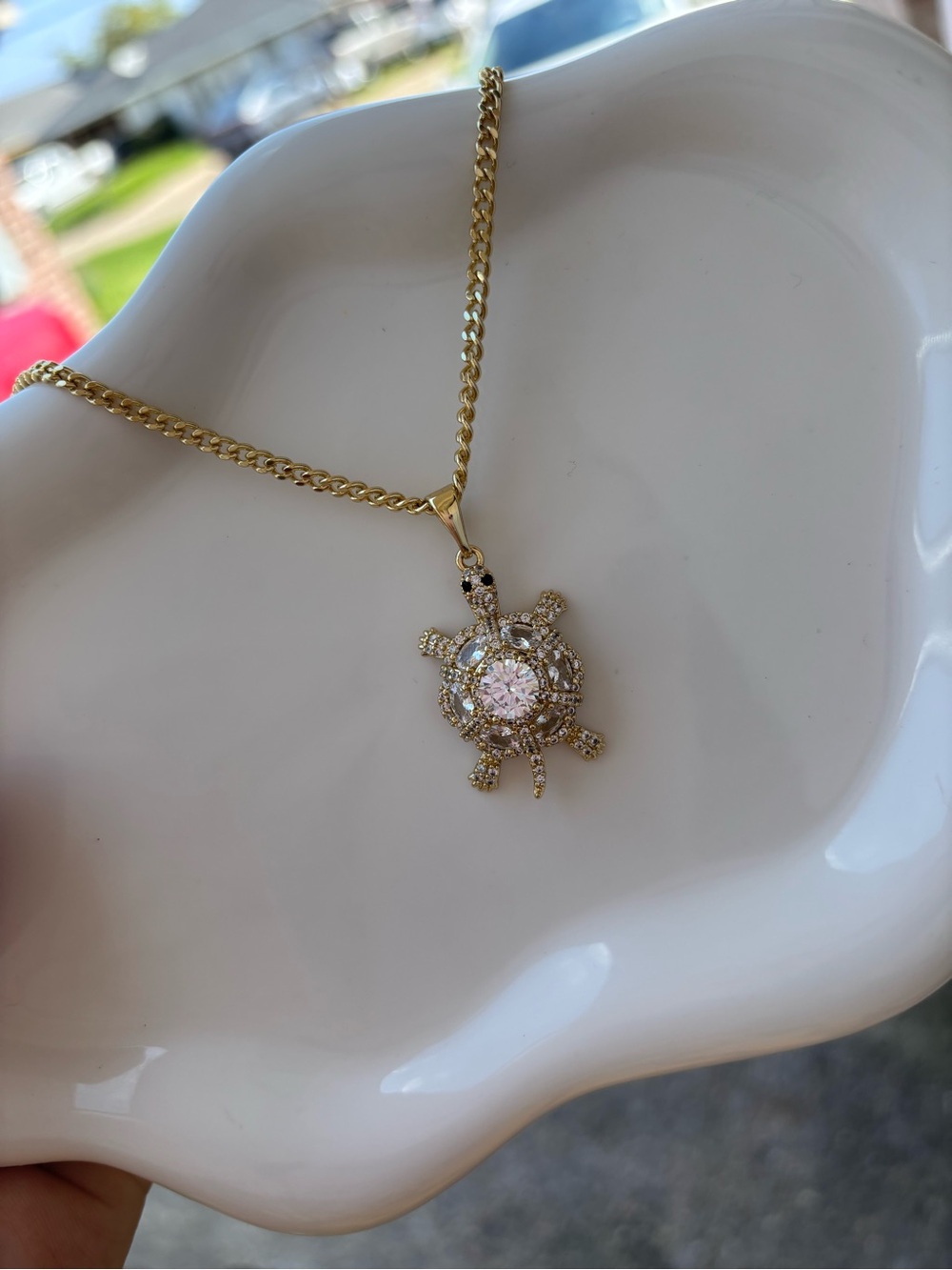 Gold Turtle Pendant Necklace with Clear Crystal Accent